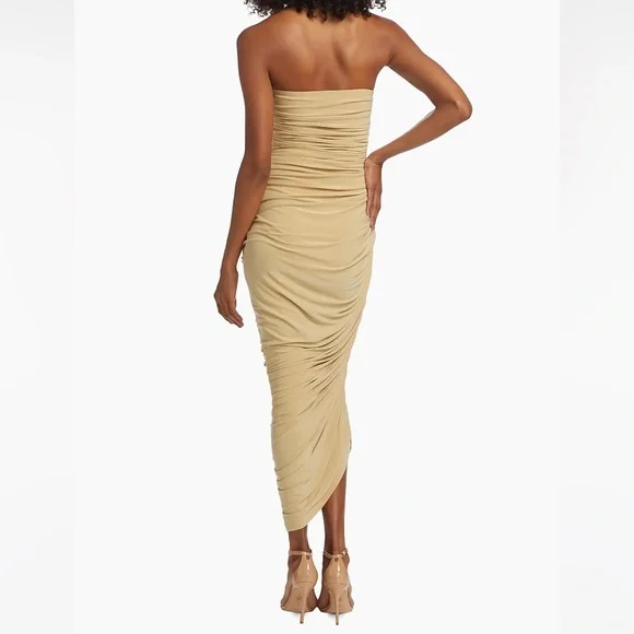 Norma Kamali Tan Asymmetrical Ruched Midi Dress - Picture 4 of 8